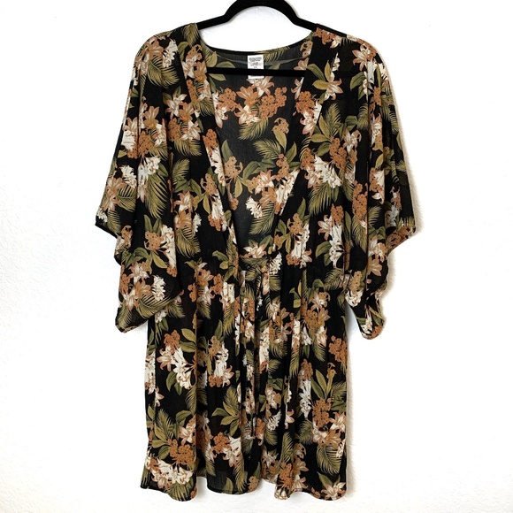 Other - Black Floral Swimsuit Cover Up L/XL Robe Style Tie Front Georgette Tropical